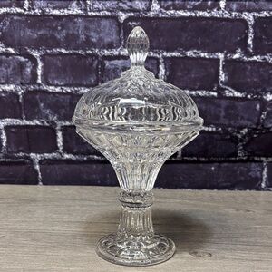 Vintage Pressed Glass Pedestal Candy Dish with Lid